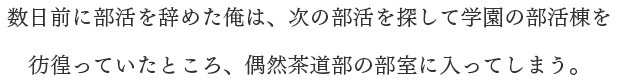 数日前に部活を辞めた俺は、次の部活を探して学園の部活棟を彷徨っていたところ、偶然茶道部の部室に入ってしまう。