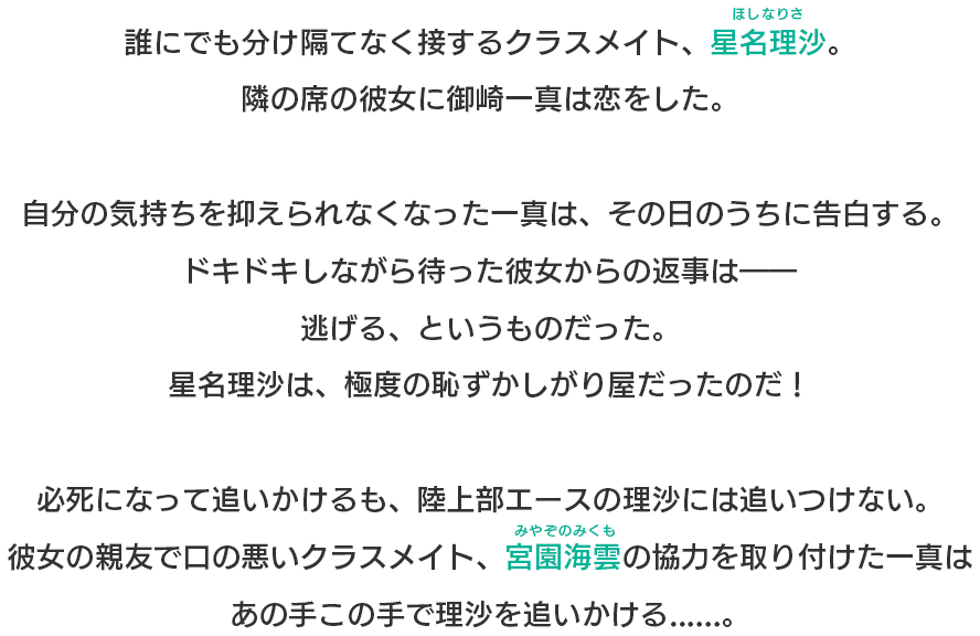 
誰にでも分け隔てなく接するクラスメイト、星名理沙。
隣の席の彼女に御崎一真は恋をした。

自分の気持ちを抑えられなくなった一真は、その日のうちに告白する。
ドキドキしながら待った彼女からの返事は――逃げる、というものだった。
星名理沙は、極度の恥ずかしがり屋だったのだ！

必死になって追いかけるも、陸上部エースの理沙には追いつけない。
彼女の親友で口の悪いクラスメイト、宮園海雲の協力を取り付けた一真は
あの手この手で理沙を追いかける......。